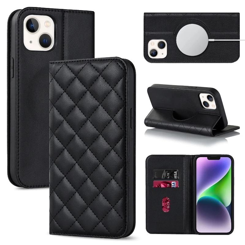 

Solid Color Leather Wallet Cards Flip Phone Cover For iPhone 14 Plus 13 Pro Max 12 Mini Shockproof Anti-Drop Soft Phone Case