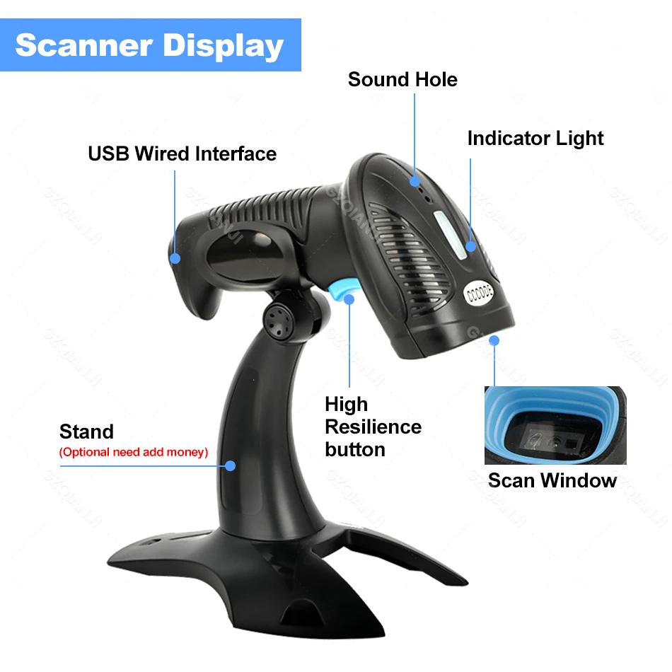 Portable 2D Wireless Barcode Scanner Reader Handheld Stand Bluetooth QR Code Scanner 1D Barcode Reader for Retail Warehouse