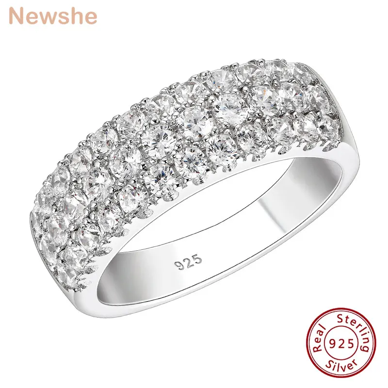 

Newshe Glamorous 925 Sterling Silver Three Row Eternity Rings for Women Round Cut 5A Grade Cubic Zirconia Wedding Band Jewelry