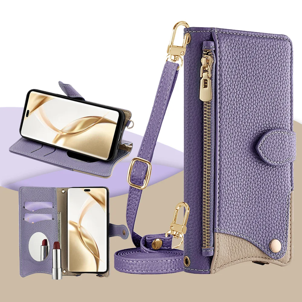 Zipper Mirror Wallet Case with Leather Wrist Strap and Multi-Card Holder