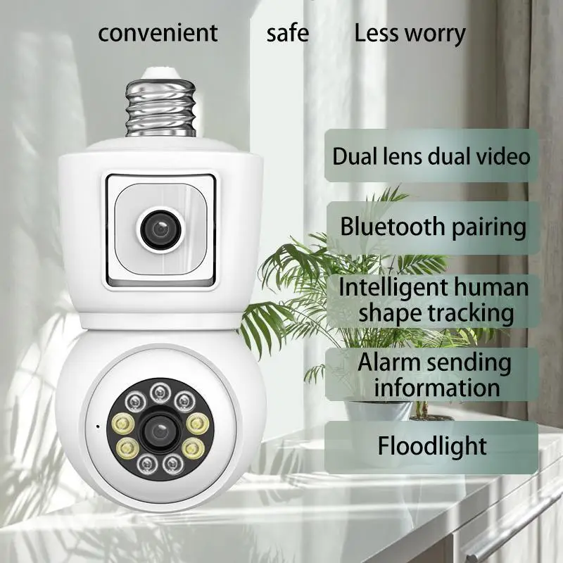 8MP E27 Bulb WiFi Camera 4K Dual Lens Dual Screen Cam Auto Tracking Two Way Audio Night Vision CCTV Security Protection ICSEE 2