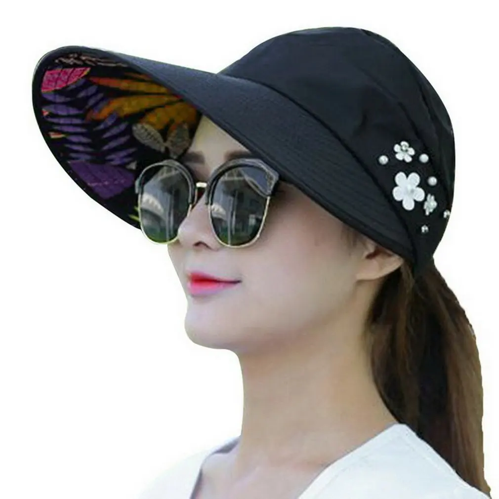 Dihope New Arrival UV Protection Women Summer Beach Sun Hats Pearl Packable Sun Visor Hat With Big Heads Wide Brim Female Cap