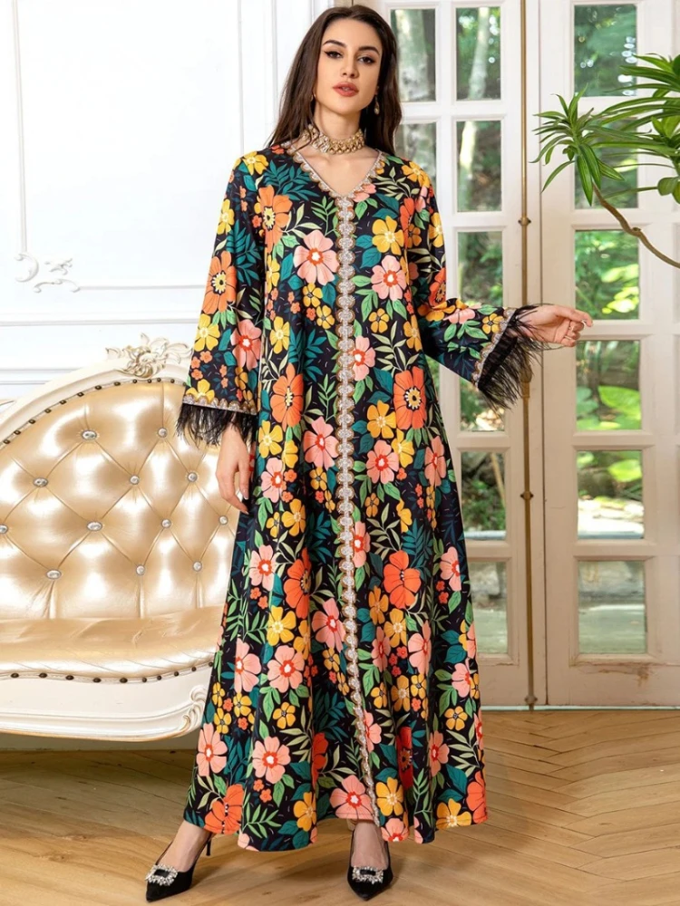 

Siskakia Muslim Women Fashion Floral Abaya Dubai Feathers Patchwork Long Sleeve Dress Casual Diamonds V-Neck Moroccan Saudi Robe