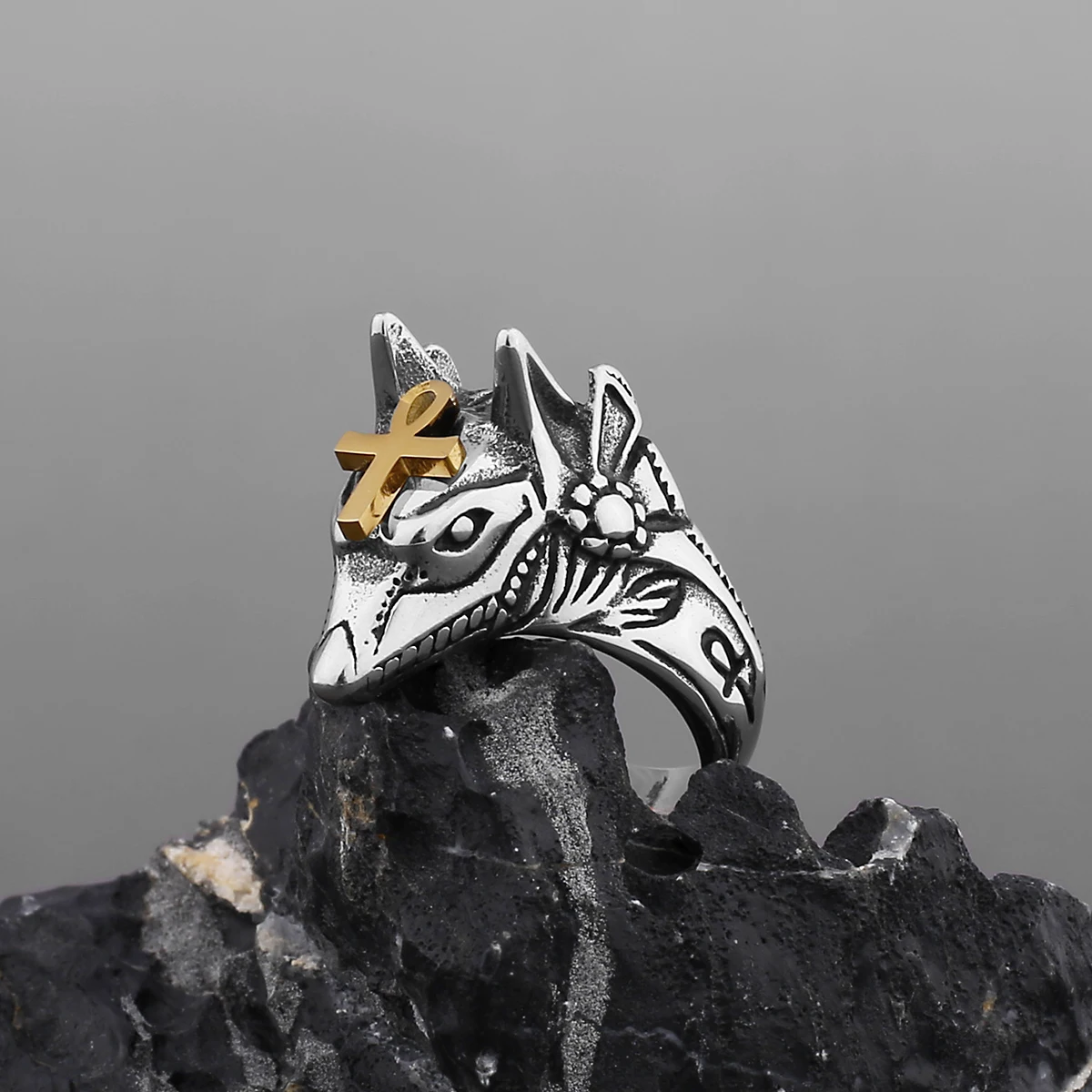 Anello Uomo Acciaio Inossidabile Anubis - Testa Di Sciacallo Egizio Con Croce Ankh, Design Antico - Foto 4