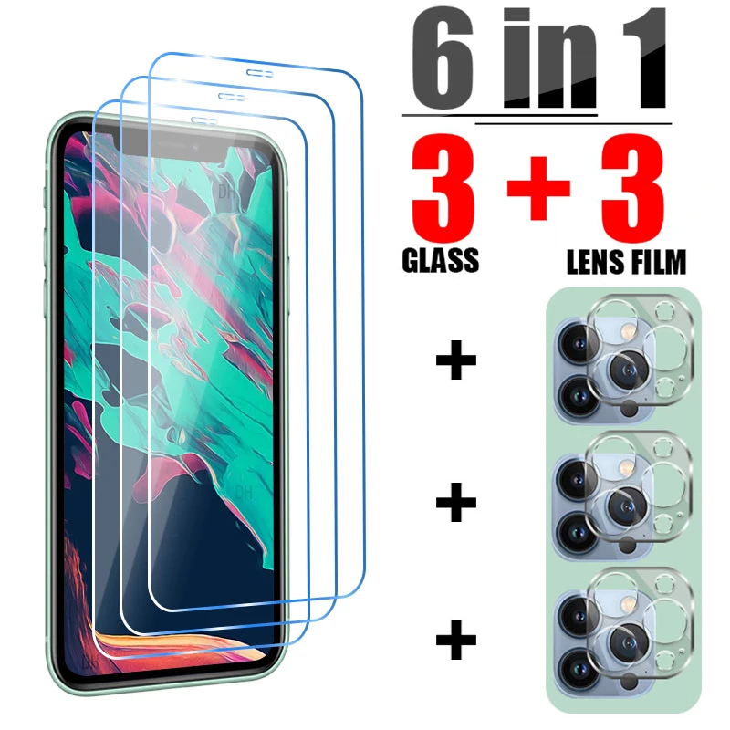 6IN1 Tempered Glass for iPhone 11 12 13 Pro XR X XS Max Screen Protector on for iPhone 14 Pro Max Mini 7 8 6S Plus SE 2020 Glass