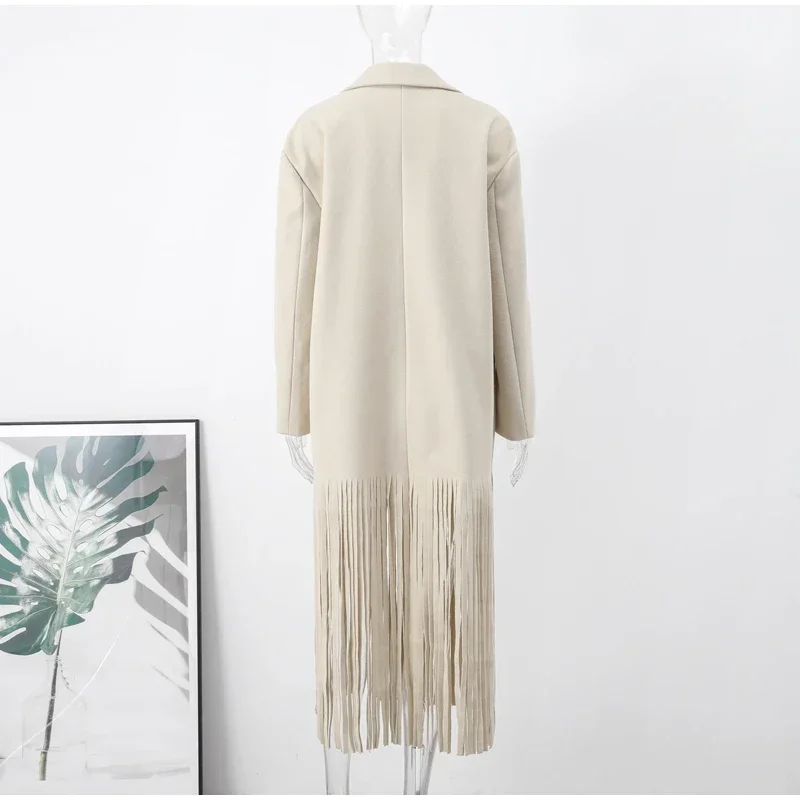 Abrigo largo de lana con borlas para mujer, chaqueta holgada de manga larga con solapa y botonadura sencilla, color marrón, primavera 2025
