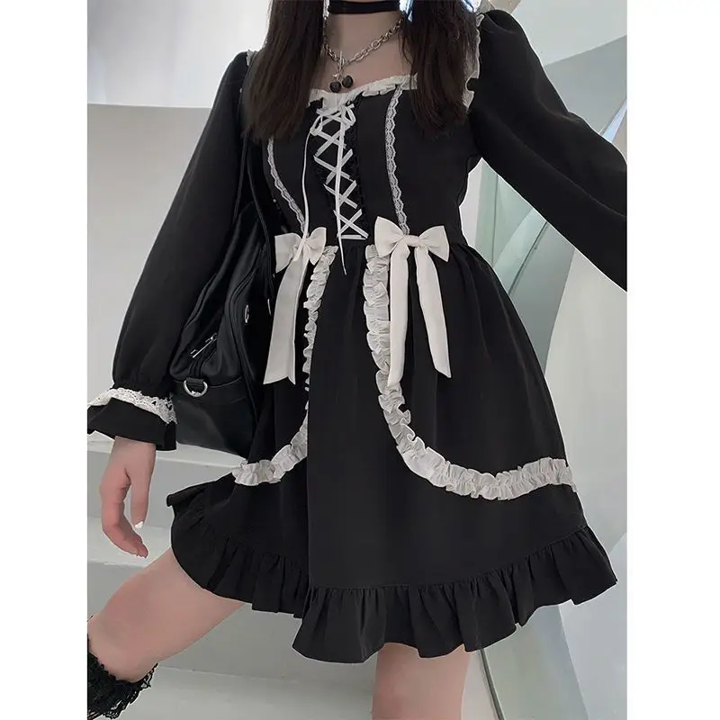 

Gothic Lolita Dress Homemade Square Neck Waist Wrap Dress for Women Autumn Black Slim Fit Tie Bow Long Sleeve A-line Light Dress