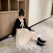  Woman Two Piece Sets Female Long Sleeve Bow Knitting Sweater and Mesh Skirt Ladies Loose Slim Skirts Two Piece Bodycon Sets G481 