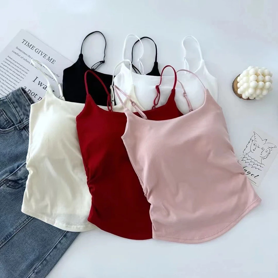 Comfortable and Trendy Girls Strap Camisole Vest with Chest Cushion Summer Versatile Daily Wear Casual Solid Color Underwears 2