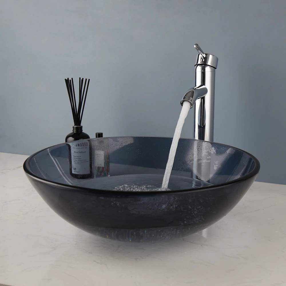 ZAPPO Bathroom Sink Tempered Glass Basin Above Counter Grey Vessel Sink Bowl Bathroom Vessel Sink Chrome Faucet W/ Drain Combo 5