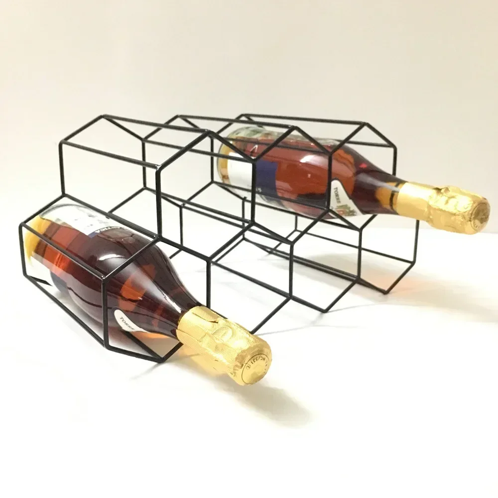 Portabottiglie moderno in metallo a nido d'ape , Portabottiglie per vino , Portabottiglie per vino da tavolo alveare , Espositore per portabottiglie esagonale da 9 bottiglie