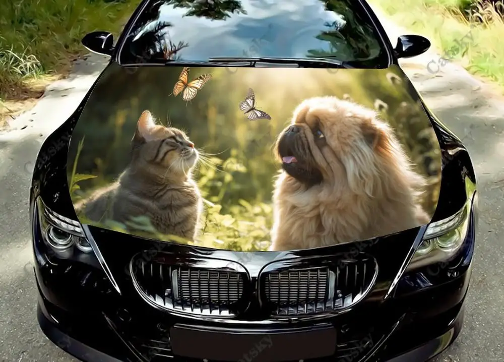 

Cat Dog Catch Butterfly Car Hood Vinyl Stickers Wrap Vinyl Film Engine Cover Decals Sticker Universal Car Hood Protective Film