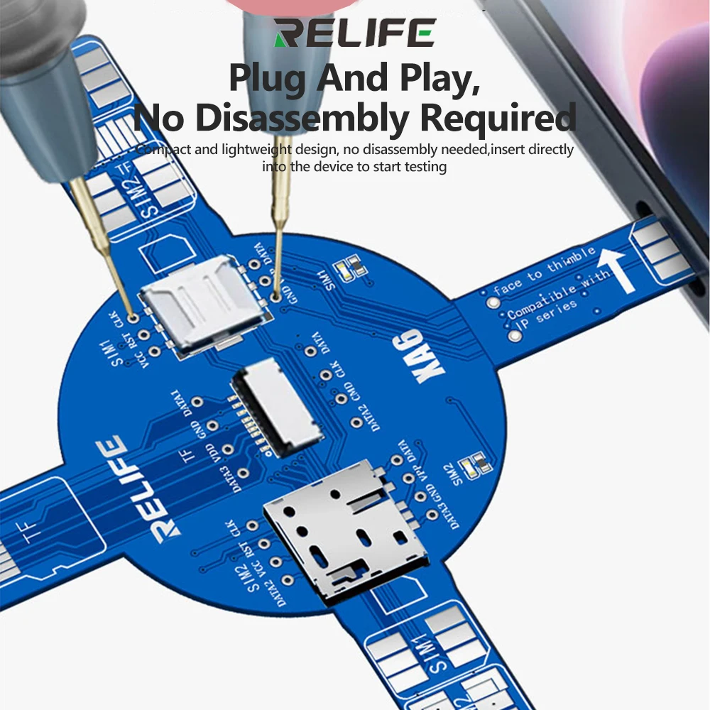RELIFE XA6 듀얼 카드 신호 테스트 보드는 iP/안드로이드를 지원하며, 분해가 필요하지 않으며, SIM, TF, NM 카드 읽기 오류를 빠르게 찾아냅니다.