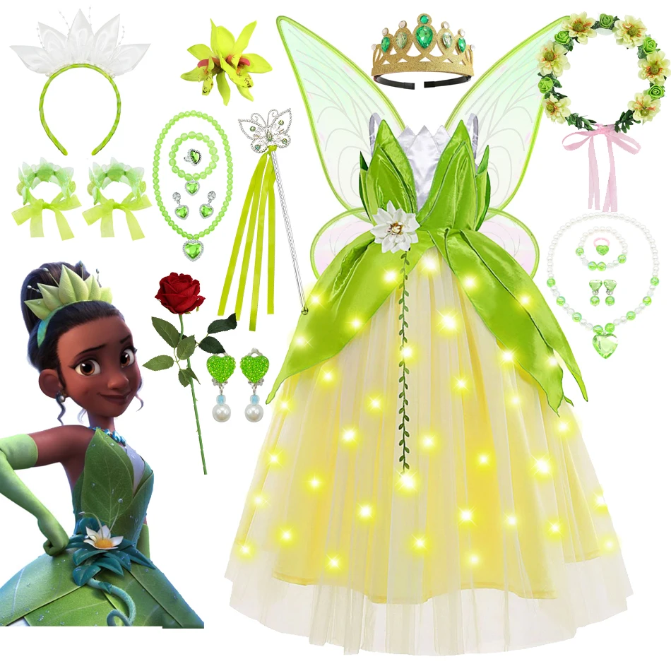 

Princess Tiana Dress Up Evening Party Green The Princess and the Frog Ball Gown LED Light Fancy Fairy Birthday Fluffy Costume