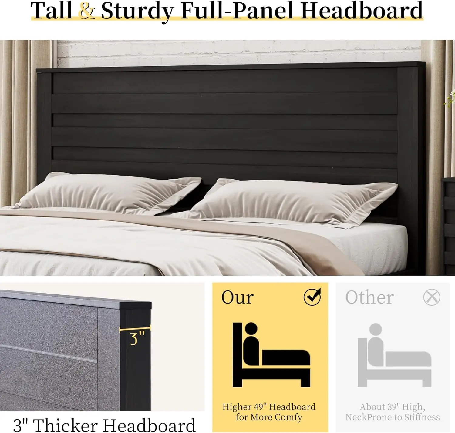 Farmhouse King Bed Frame with 49" Tall Headboard/Unique Wooden Platform Bed/Base with Noise-Free Hidden Metal Bed Frame/Black 4