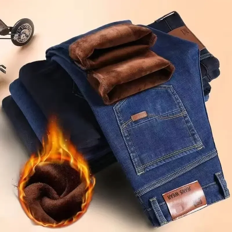 Men's Autumn/Winter Jeans Fleece-Lined Thickened Straight-Leg Loose-Fit Plus Size For Cold Weather Outdoor Wear