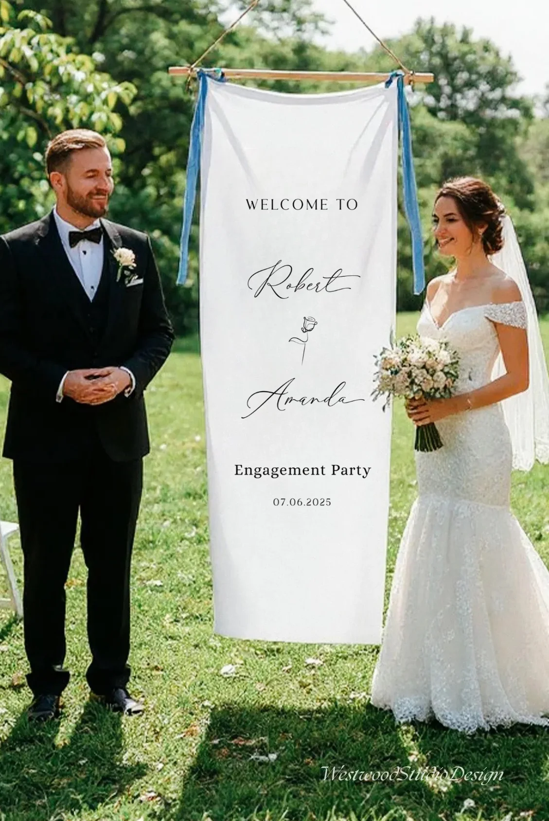 Personalisiertes Leinen-Hochzeits-Willkommensschild, individuelles Stoffbanner für Hochzeiten, Brautpartys, Babypartys, Hochzeitsdekoration – Detail 4