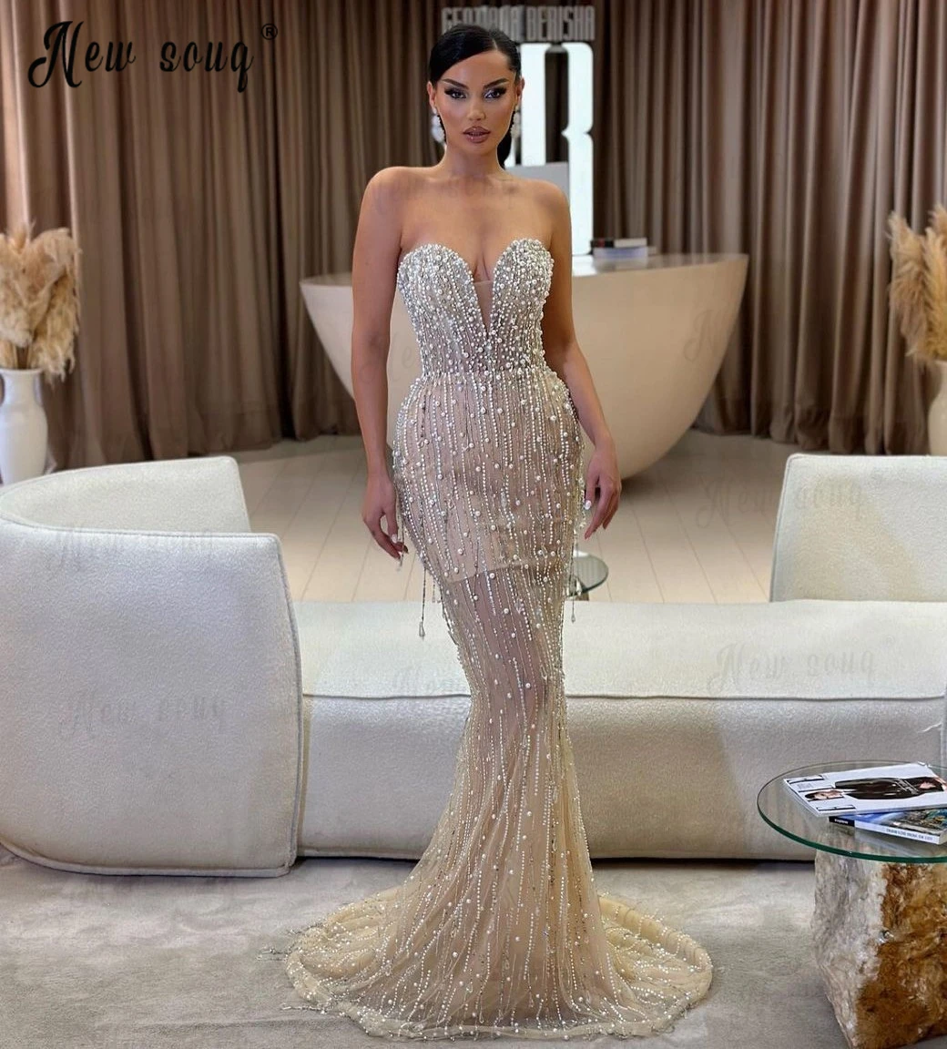 

Luxury Custom Beading Evening Dress Strapless Sweetheart Mermaid Cocktail Dresses Sweep Train Formal Prom Gowns Robes De Soirée