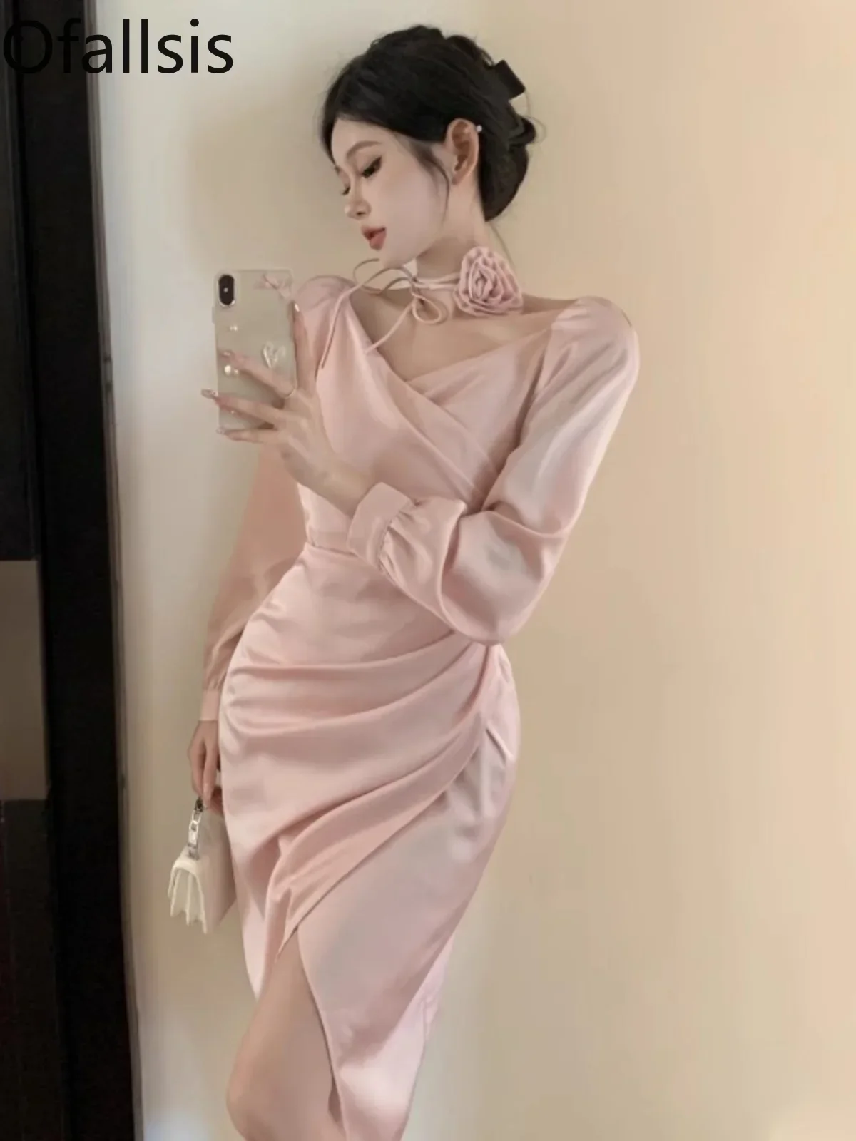 

Ofallsis Engagement Birthday High End Light Luxury Party Dress 2023 Autumn New Sweet Pink Beautiful Long Sleeve Dresses Female