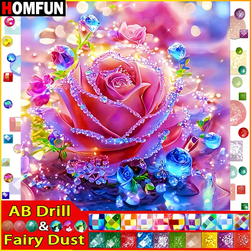 HOMFUN Fairy Dust AB 5D DIY full diamond embroidery flower rose diamond painting cross stitch rhinestone home decoration