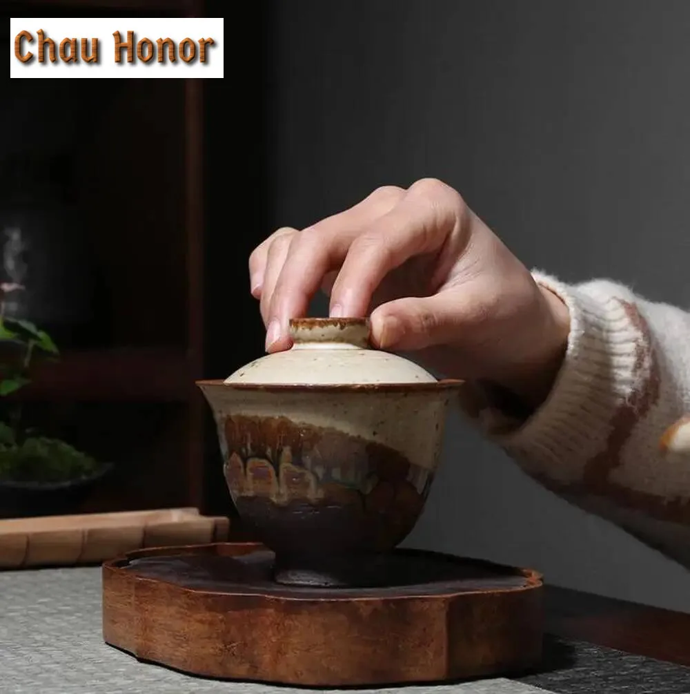 155ml Retro Coarse Pottery Kiln Gaiwan Japanese Kung Fu Tea Bowl Hand Made Ceramic Tea Tureen Tea Ceremony Drinkware Decorations