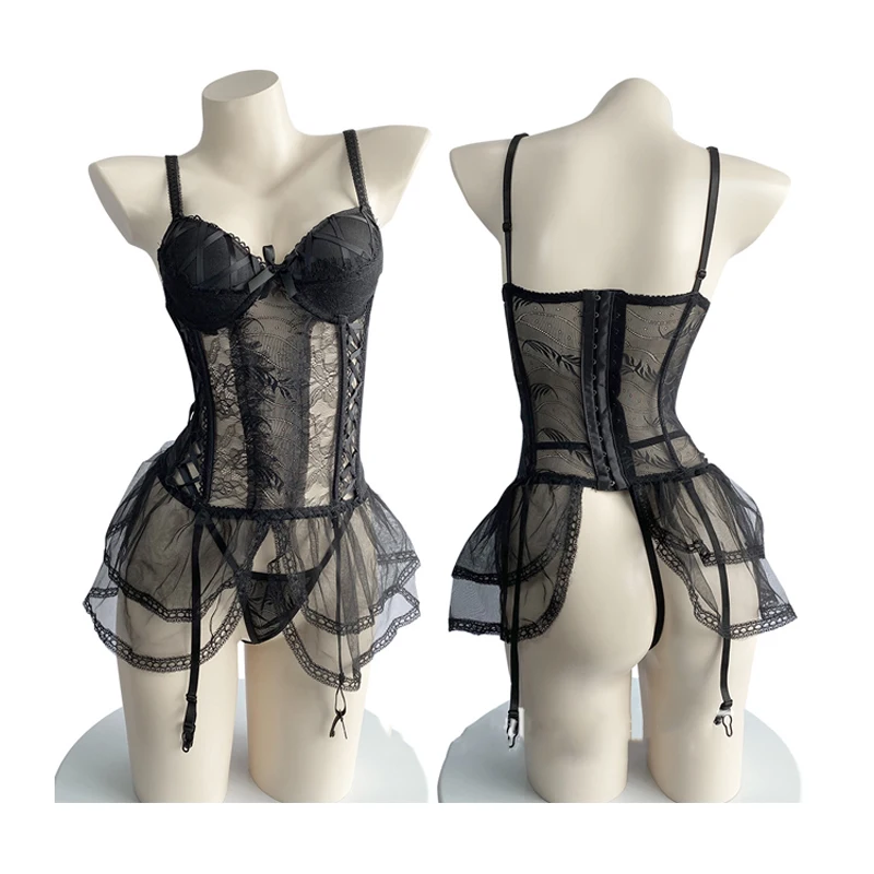 

Lace Perspective Garter Belt Bodysuit Sling Vest Sexy Deep V Underwear Bra Set Cotton Pad Steel Support One-Piece Suit