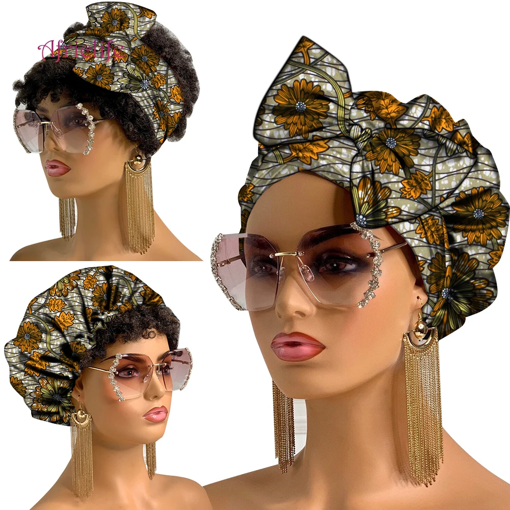 Cotton Head Wrap African Turban Cap with Ties African Material Cotton Two Pieces Set Ankara Bonnet and Headwrap Women Hair Accessories