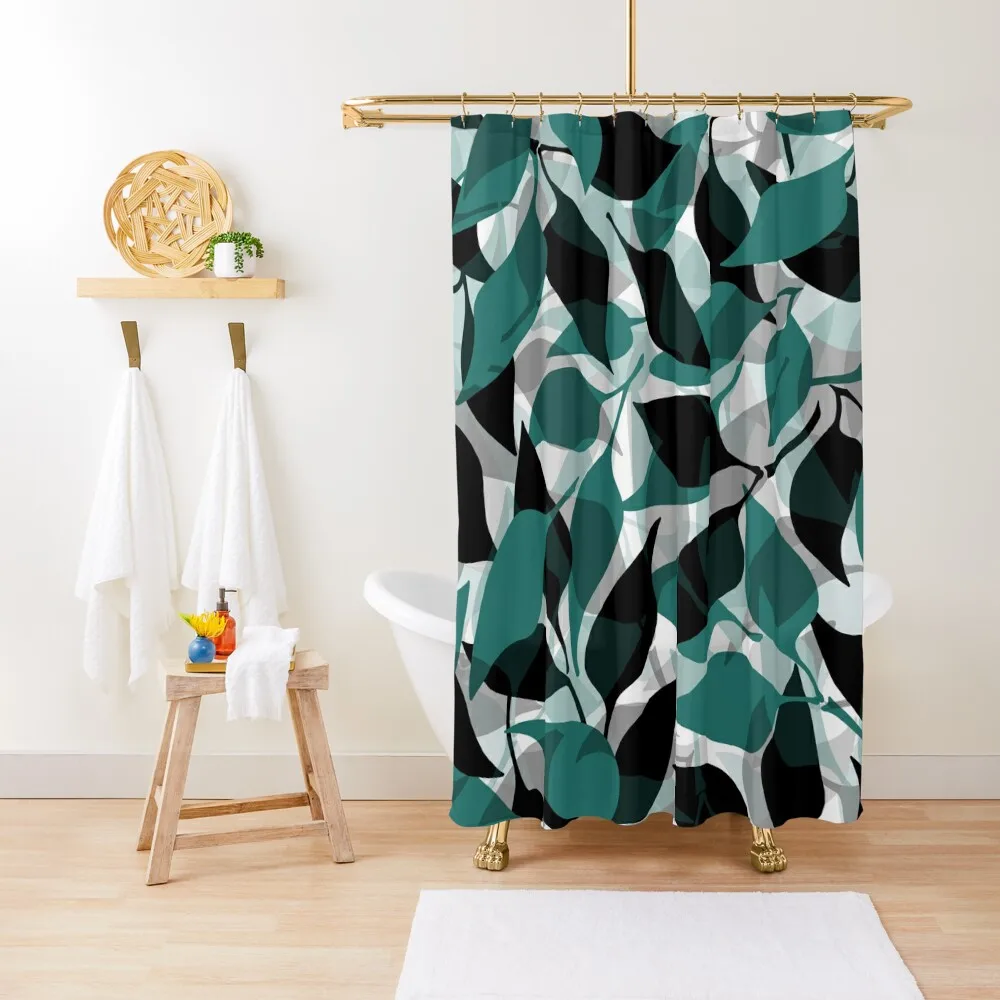 Fresh Leaves Pattern | Teal Green ? Black ? Gray Shower Curtain Anime Bathroom Curtain Window Curtain