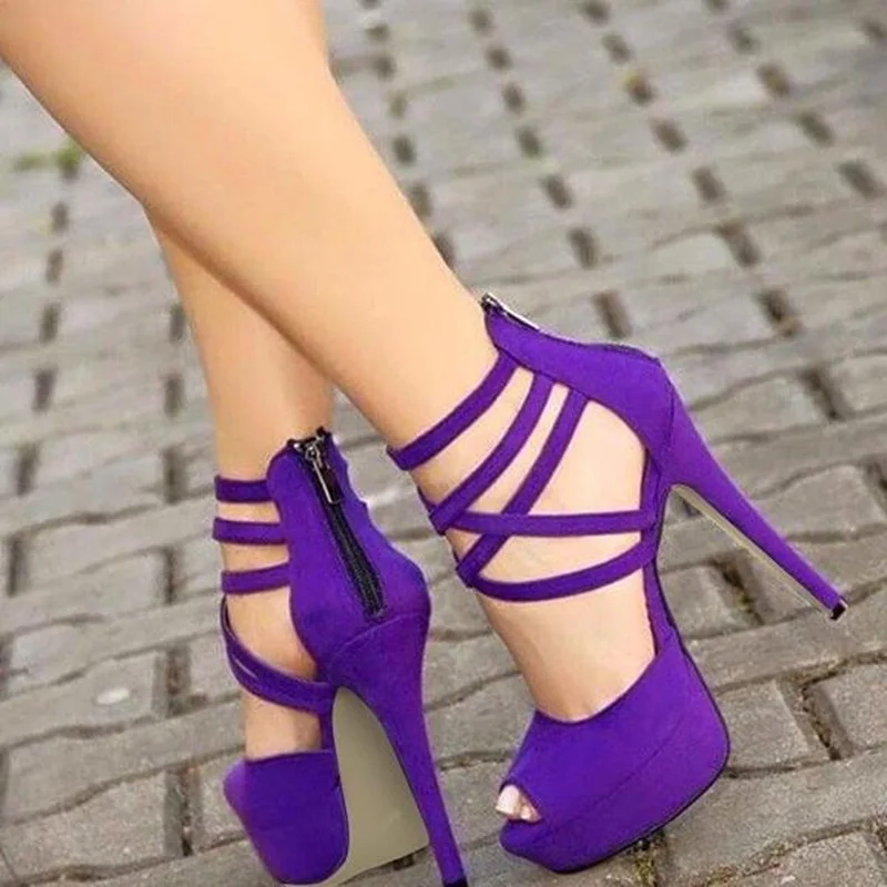 

Peep Toe Thin Heels Hollow Cross Strap Women Pumps Purple Suede Stretch Women Platform Dress Shoes Size 45