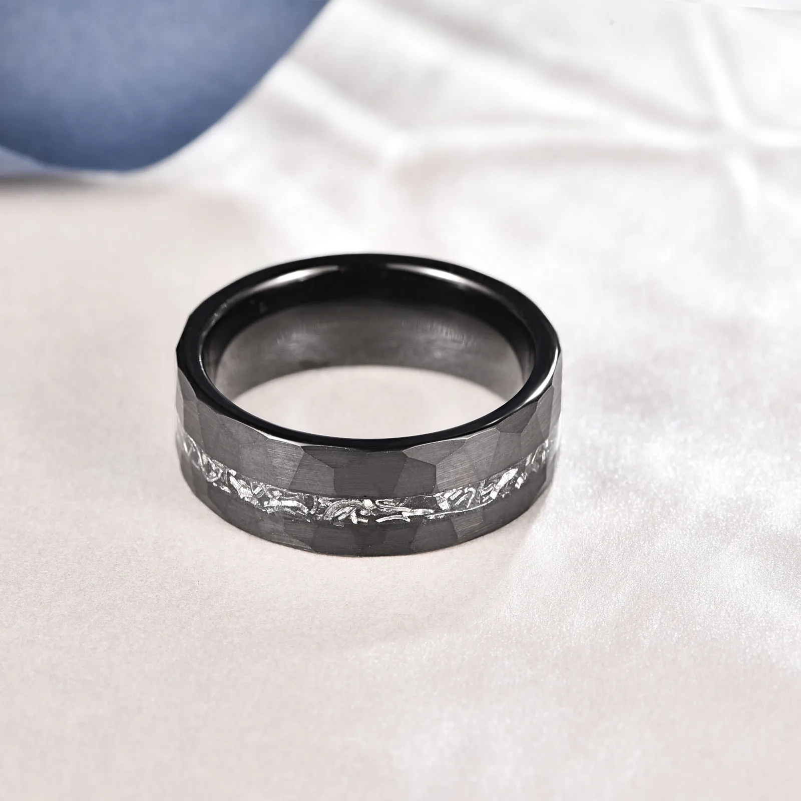 Nuncad 8mm Brushed Matte Black Hammered Meteorite Tungsten Carbide Ring for Man Jewelry 3