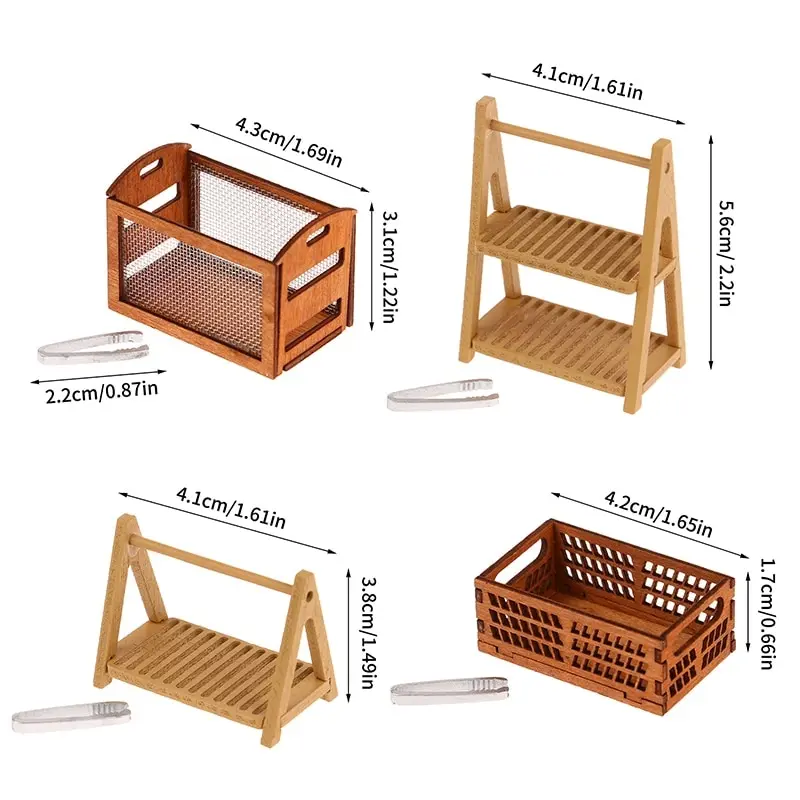 1Set 1:12 Dollhouse Miniature Wooden Bread Rack Cake Shelf Storage Box/Basket With Baking Clip DollHouse Scene Decor Accessories