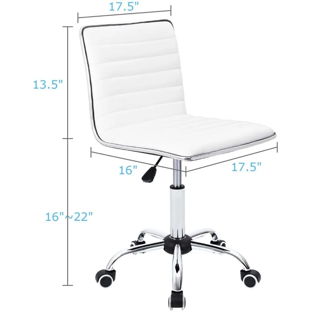 Mid Back Vanity Chair,Low Back PU Leather Swivel Computer Desk, Task and Office Chair Retro with Armless Ribbed (White) 3