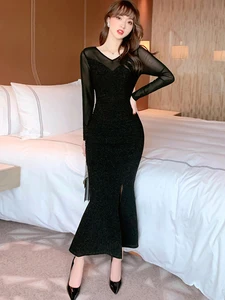 new arrival fashion spring long party dress women OL professional temperament sexy perspective mesh shiny slim mermaid dress