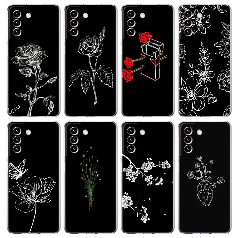 Schwarzer blumen etui für samsung s24 s23 s22 s20 s21 fe ultra s24 s23 s10 s10e s9 s8 plus 5g transparente phones hell capas taschen tpu