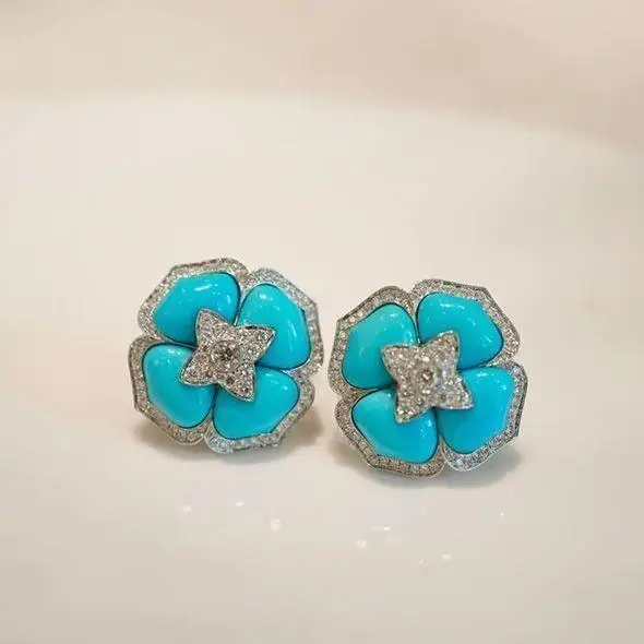 

925 Sterling Silver Set Synthetic America Blue Turquoise Flower Ear Stud Simple Earring Tourquise Earring Fine Jewelry Wholesale