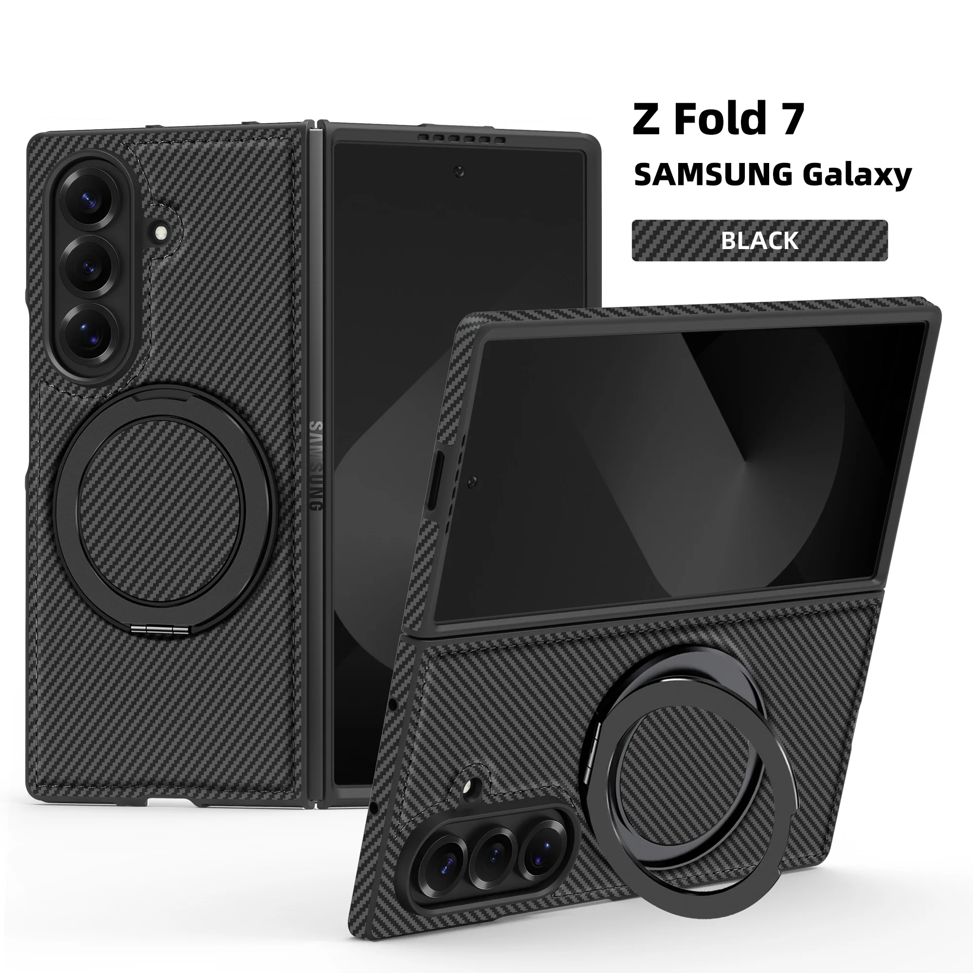 MagSafe 보호 백 커버 케이스 Z Fold7 6 5 4 3 삼성 갤럭시 Z Fold 7 케이스 하드 PU 카본 파이버 마그네틱 링 스탠드