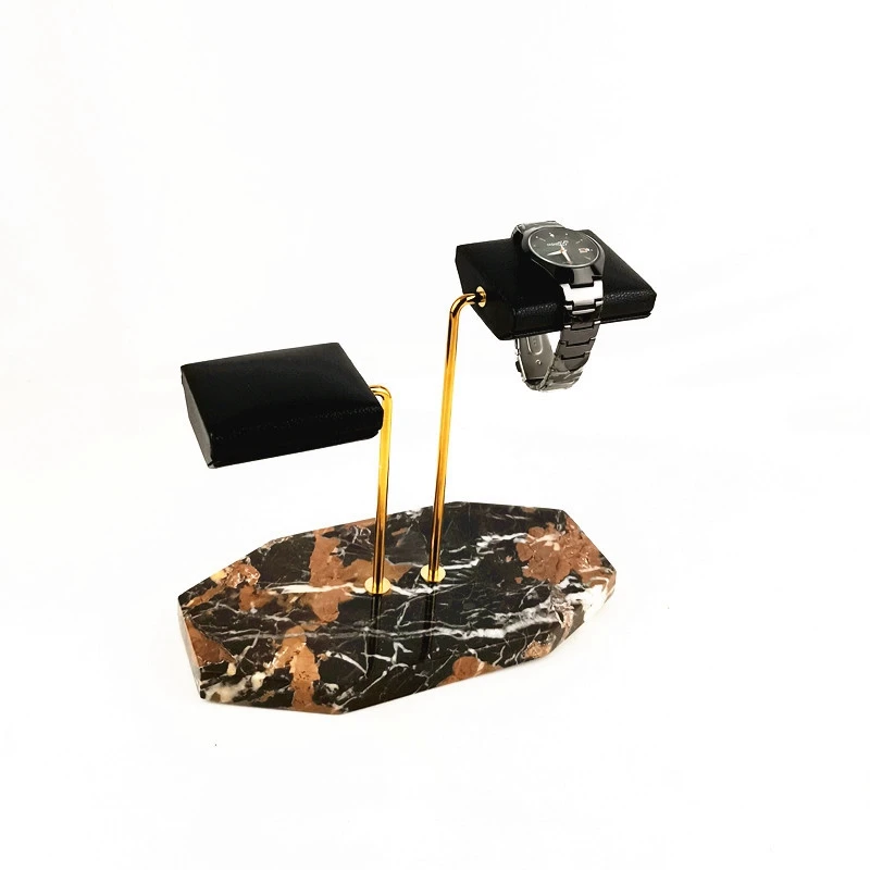 Marble Base Gold Support Rod Watch Stand Display Stand Black PU Leather Double Watch Jewelry Storage Rack