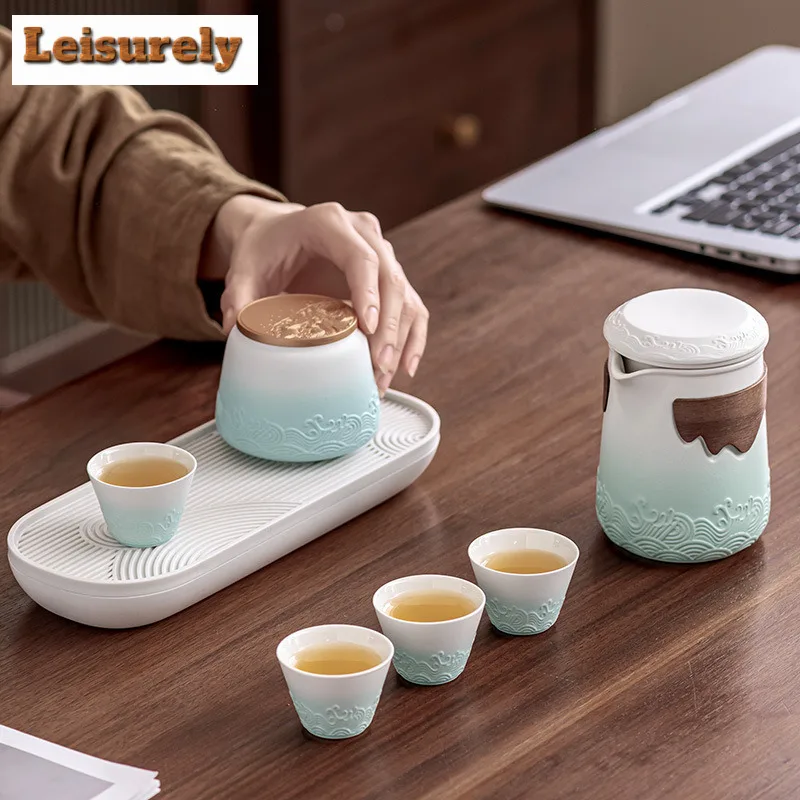 Chinese Wave Tea Travel Tea Set Kung Fu Tea Set Ceramic Portable Teapot Porcelain Teaset Filter Tea Cups Of Tea Ceremony Teaware