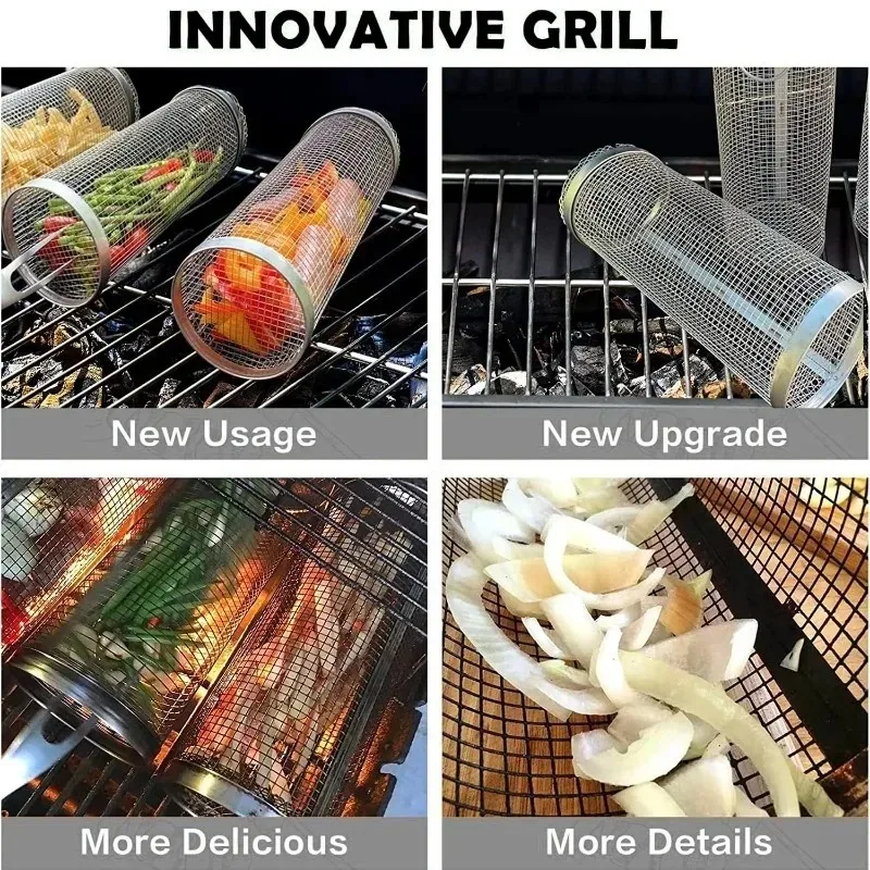 Round BBQ Basket Stainless Steel Rolling Grilling Basket Wire Mesh Cylinder Grill Portable Outdoor Camping Barbecue Rack
