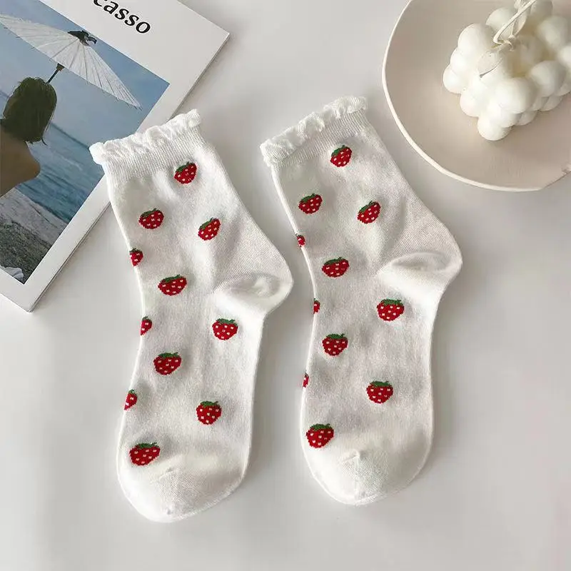 Frauen Socken Baumwolle Cartoon Liebe Herz Blume Erdbeer Drucke Kawaii niedlichen Tier lustige Söckchen Damen unsichtbare weiße Socken – Detail 4