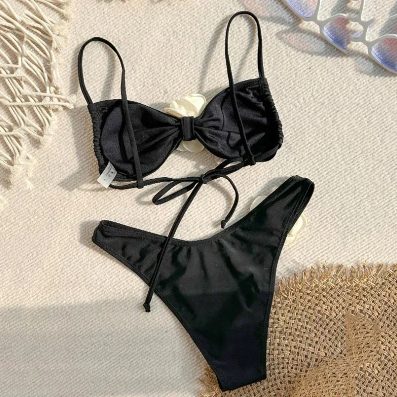 Sexy Flower Bandeau Thong Bikini 2025 Women Lace-up Swimsuit Brazilian Bikini Sets Mujer Biquini bikini set bikini swimsuit women swimwear