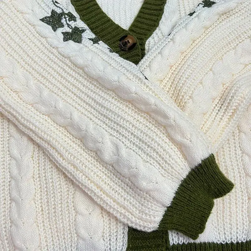 Evermore-Casaco feminino bordado com videira verde, botão baixo, suéter de malha, roupa vintage, verde, outono, inverno