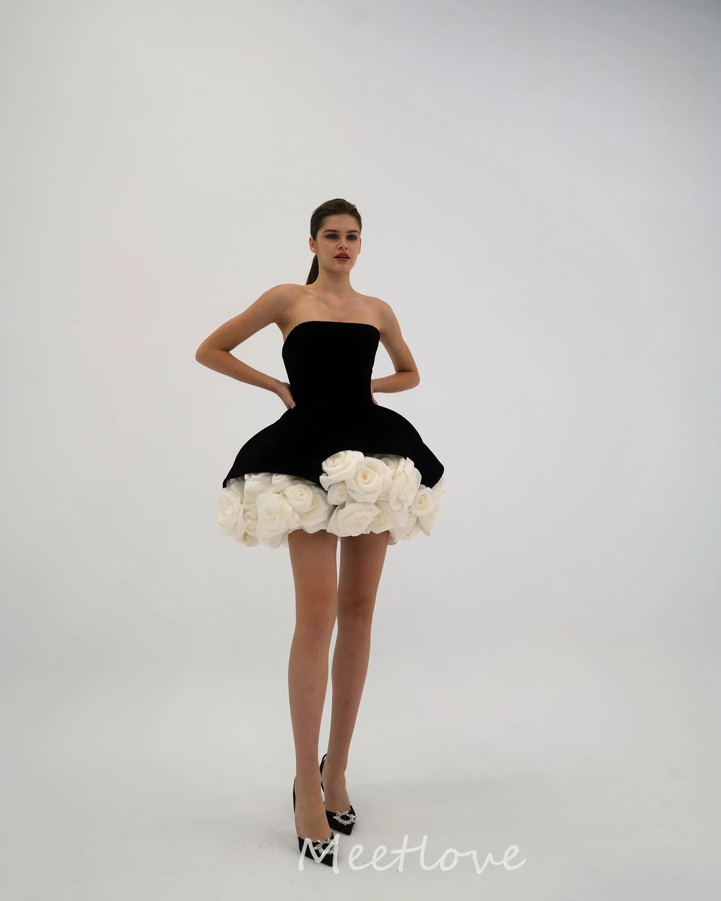 Homecoming Dress for Girls Short Flowers Strapless Black MIdi Evening Party Dress Meetlove