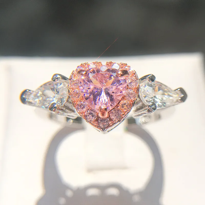 Women Rings Princess Propose Marriage Pink Heart Cubic Zirconia Engagement Wedding Jewelry
