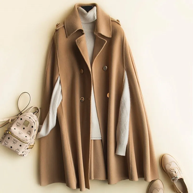 Women 100% Wool Mid Long Bat Cape Woolen Coats Autumn 2023 New Loose Double Sided Cashmere Coat Female Fashion Brown Outerwear