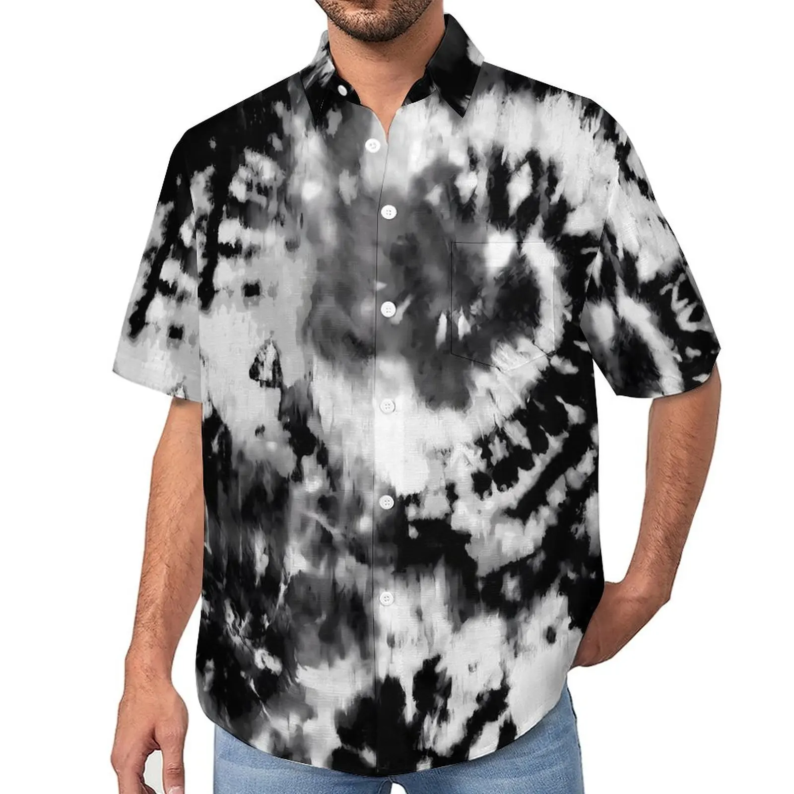 

White Black Tie Dye Casual Shirts Abstract Art Vacation Shirt Summer Harajuku Blouses Men Print 3XL 4XL