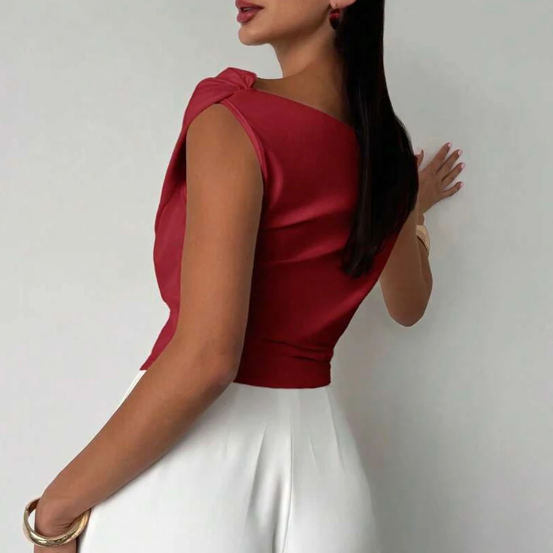 New Summer Women's Slanted Shoulder Slim-fitting and Thin Sleeveless Short Top Elegant Solid Color Fashion Casual Waist Blouse