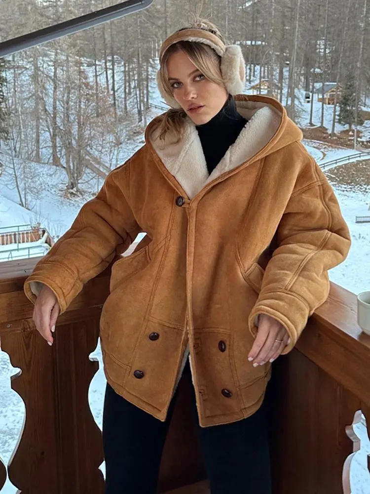 

Bomber Jacket Wool Lambs Coat Women Winter Loose Plush Thick Warm Long Sleeve Overcoat Fashion Fur Hooded Suede Jacket Tide