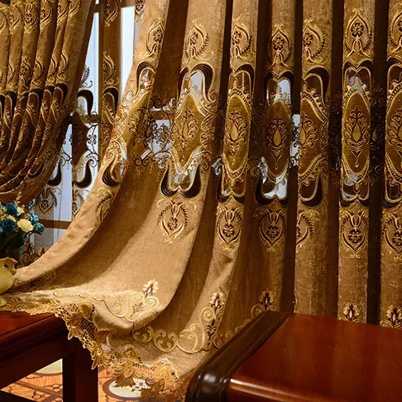 European Style Embroidered Curtains Luxury Thick Chenille Blackout for Living Dining Room Bedroom