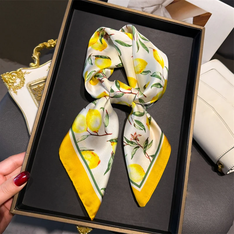 70cm Square Lemon Print Yellow Square Silk Scarf Casual